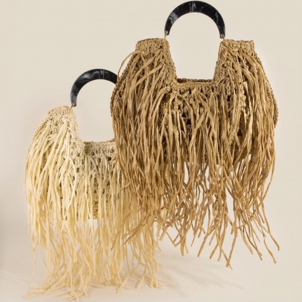 Fringe Raffia Tote Bag with Black Resin Handle - Available In Ivory Or Khaki
